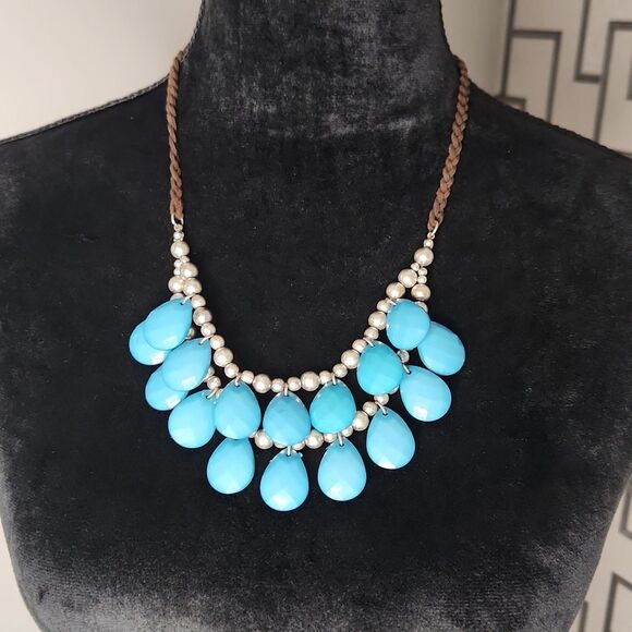 Bohemian Turquoise Teardrop Statement Necklace – Braided Cord & Silver Accents - Picture 1 of 4